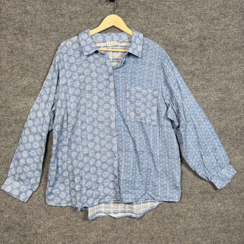 Joan Rivers Womens Plus Sz 1X Shirt Blouse Blue Geo Polka Dot Cotton Long Sleeve